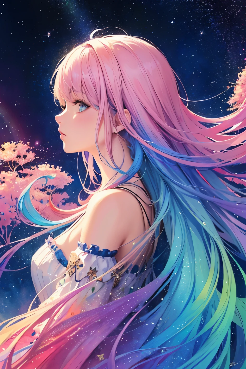 (masterpiece, top quality, best quality,watercolor (medium),official art, beautiful and aesthetic:1.2),(1girl:1.3), (fractal art:1.3),upper body, from side, looking at viewer,patterns,(rainbow color Hair,colorful hair,half blue and half pink hair:1.2),water,liquid, cloud,colorful, starry,stars,