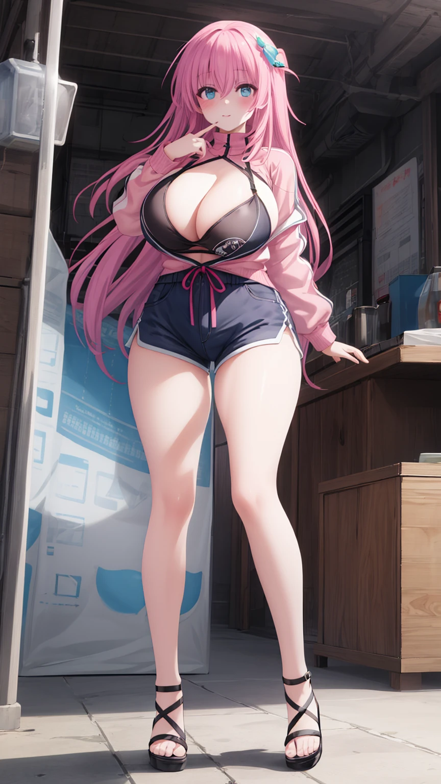 (Beautiful, Huge_Breasts), goto_hitori_bocchitherock, pink_hair, bangs, long_hair, hair_between_eyes, cube_hair_ornament, one_side_up, hair_ornament, blue_eyes,
an illustration showing an anime style of girl in sexy dolphin shorts, dolphin shorts, cube hair ornament, huge breasts, thicc, women boxer, blue eyes, solo, large breasts, hair ornament, cleavage, full body, sandals,
1 girl, 20yo,YOUNG female, Beautiful Finger, Beautiful long legs ,Beautiful body ,Beautiful Nose ,Beautiful character design, perfect eyes, perfect face,
official art, extremely detailed CG unity 8k wallpaper, perfect lighting, Colorful, Bright_Front_face_Lightinasterpiece:1.0),(best_quality:1.0), ultra high res,4K,ultra-detailed, 8K, HDR, highres, absurdres:1.2, blurry background, (vibrant_color:1.2), (beautiful_face:1.5), (narrow_waist),