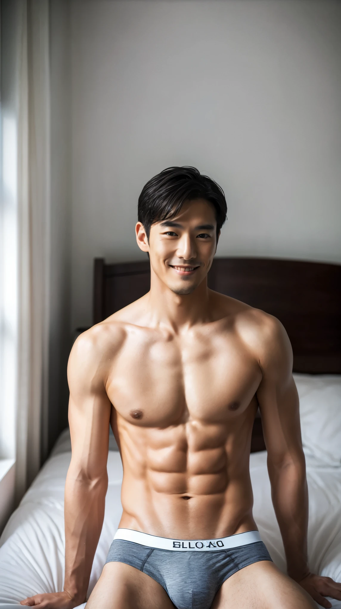 Real-life Photorealism, Raw Portrait Photography full-body shot, Photorealism portrait of Super model A Handsome Korean guy 40 years old, neat muscular, wear a sexy briefs, tight briefs, shirtless, bed room, smile, bulge, 8K UHD、RAW Photography、Photorealistic Portrait Leica Digital SLR、Lifelike images