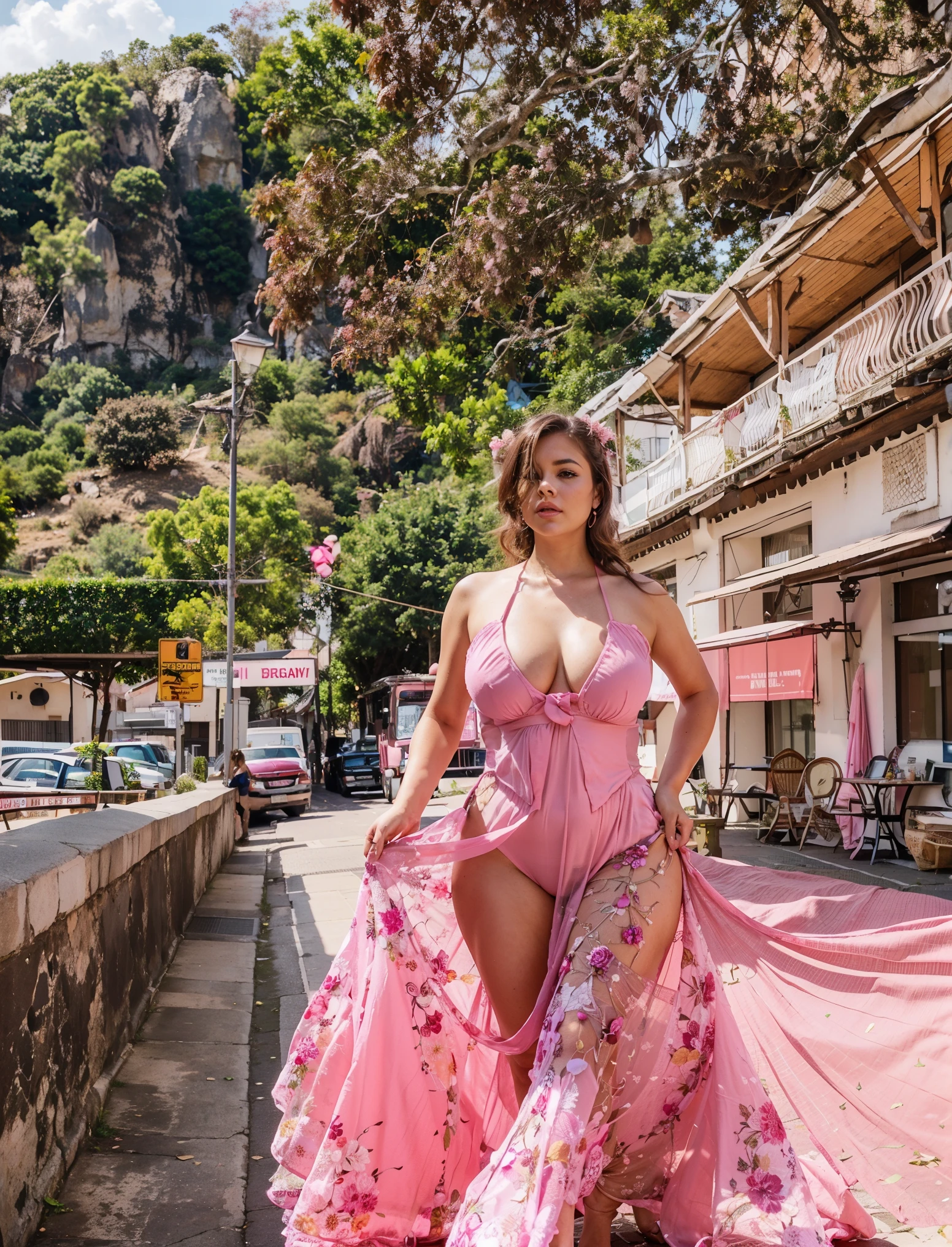 araffe woman in a pink dress walking down a street, gorgeous lady, very sexy outfit, dressed in a pink dress, jaw-dropping beauty, sexy outfit, sexy dress, sexy girl, sexy look, curvy, wearing a pink dress, stunning woman, jaw dropping beauty, pink dress, cute woman, gorgeous woman, revealing outfit