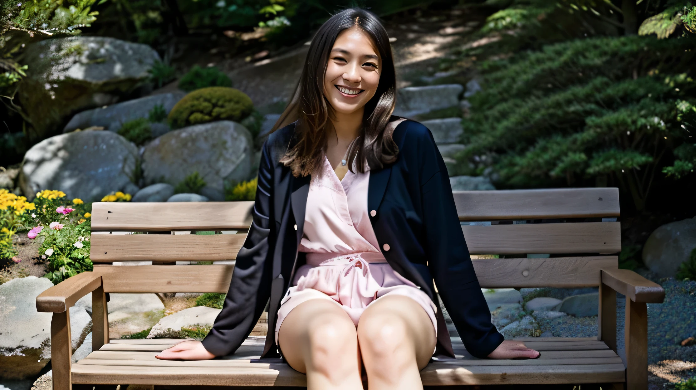 Photorealistic, Best Quality, Hyper Detailed, 2 women in suite , A Japanese middle-aged woman sitting on a rock bench, wearing a dark suit, A Japanese teen girl sitting beside her in pink suit, happy expressions , open garden (sunlight), mountainscape, (Outstanding smile、A dark-haire、Calm, Happy), Wood, plain lawn, Fog, SunRays , crystal clear skies, analog style, Looking at Viewer, Skin Texture, Film grain, , 超A high resolution, Best Shadow, raw, Instagram LUT