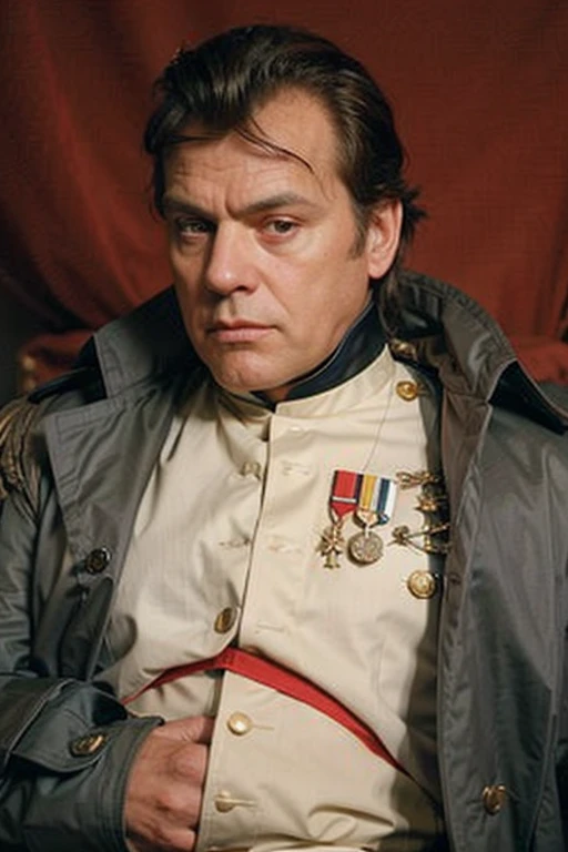 peinture d'un homme en uniforme militaire assis sur un canapé rouge, napoléon, napoléonic, dressed like napoléon bonaparte, napoléonic wars, empereur français, jacques - louis david, jacques louis david, jacques louis david style, jack nicholson as napoléon, ingres, paul delaroche, par Jacques-Louis David, de Jean Tabaud