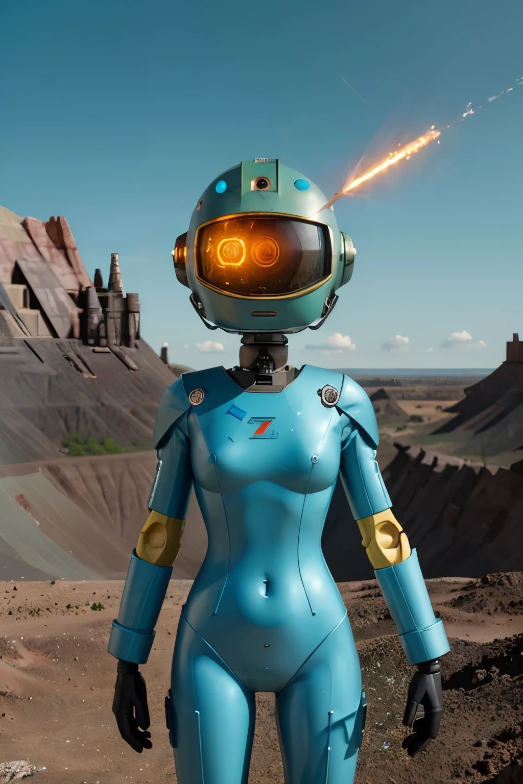 Un dibujo animado plano moderno Loco con un robot Only Eye y un estilo de casco, Pinzas en las manos, Cabeza de TV, cabeza de alfiler, camuflaje cian amarillo oxidado, Atmosphere in the crater of a super-detailed meteorite, centro, hermoso, Soft lighting, Centrado en el personaje, 4k resolution, photorealistic representation.