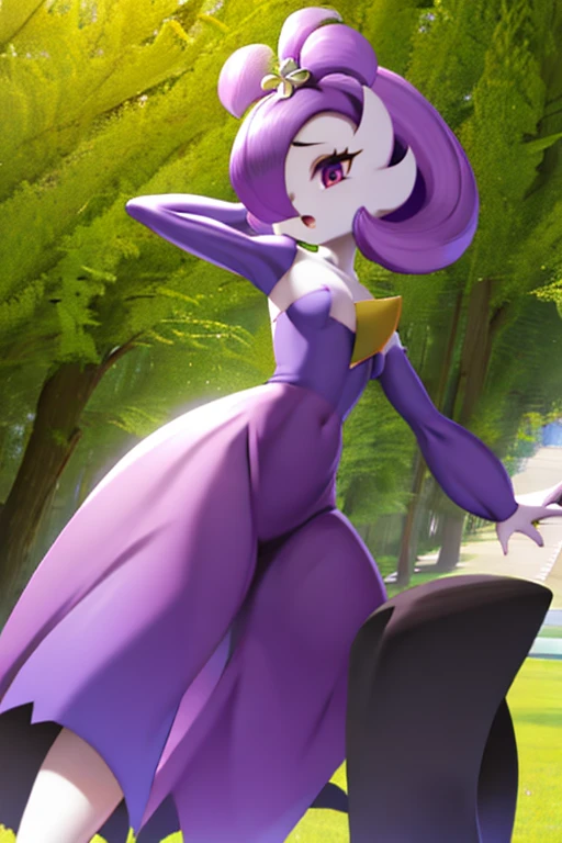 Acerola, gardevoir, masterpiece, perfection, purple dress, creatures \(company\), game freak, nintendo, pokemon, pokemon \(game\), bangs, colored skin, female focus, breast, gen 3 pokemon, green hair, green skin, hair over one eye, multicolored skin, pokemon \(creature\), red eyes, two-tone skin, white skin, dancing