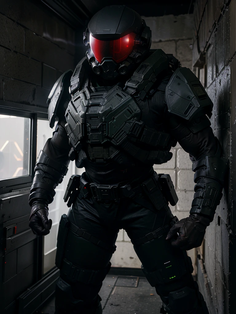 (best quality,highres),swat team member,protective visor helmet,dark atmosphere,low light,tactical outfit,intense expression,determined stance,narrow hallway,night vision goggles,flashlight in hand,radio communication,clouds of smoke,gun holstered,assault rifle,warning signs,emergency exit,cracked walls,shadows cast,swift movements,team coordination,silent footsteps,door barricaded,bulletproof vest,combat boots,body armor,sharp edges,metallic surfaces,urban environment,red emergency lights.