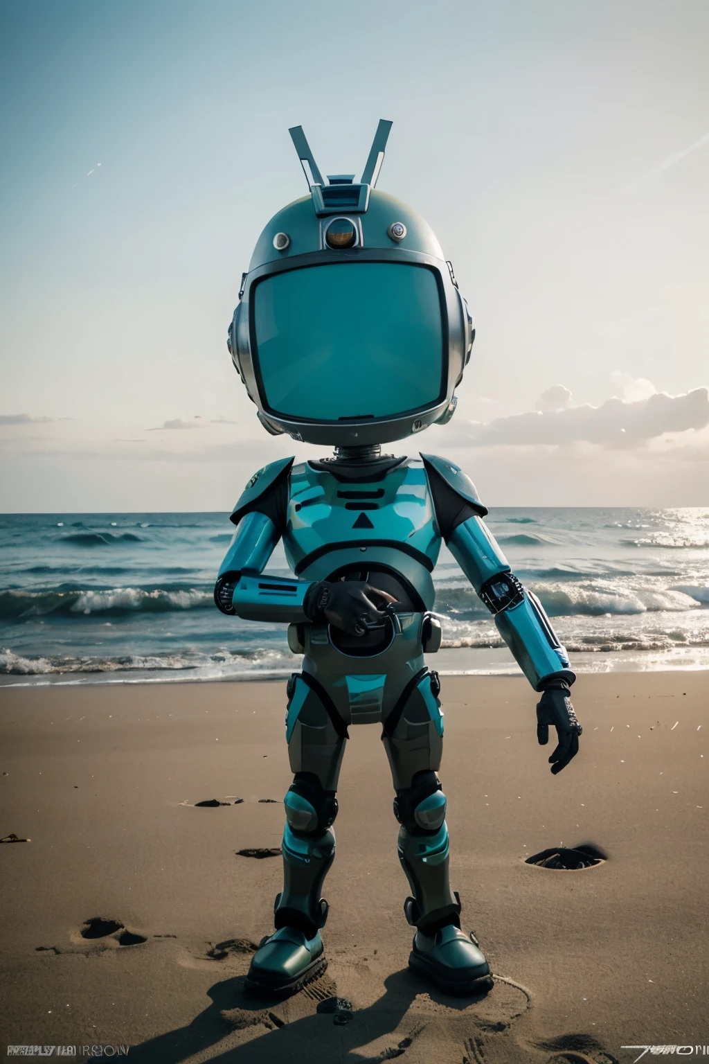 A Modern flat toon Crazy whit a Big ONE a Only Eye Robot and helmet Style, tongs in hands, Tv head, pinhead, camouflage Yellow cyan Rusty, Ambient in a BEACH super detailed, center, beautiful, soft lighting, focused on the character, 4K resolution, photorealistic rendering.