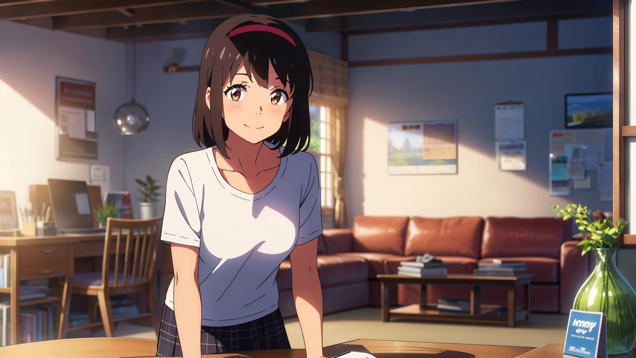 shinkai makoto, kimi no na wa., 1girl, bangs, black hair, blush, bright eyes, brown eyes, red headband, short hair, smile, cute, beautiful, shiny skin, looking at viewer, solo, casual shirt, t-shirt, skirt, plaid skirt, indoors, room, living room, whiteboard, vase, dynamic lights, coffee, table, chair, sitting