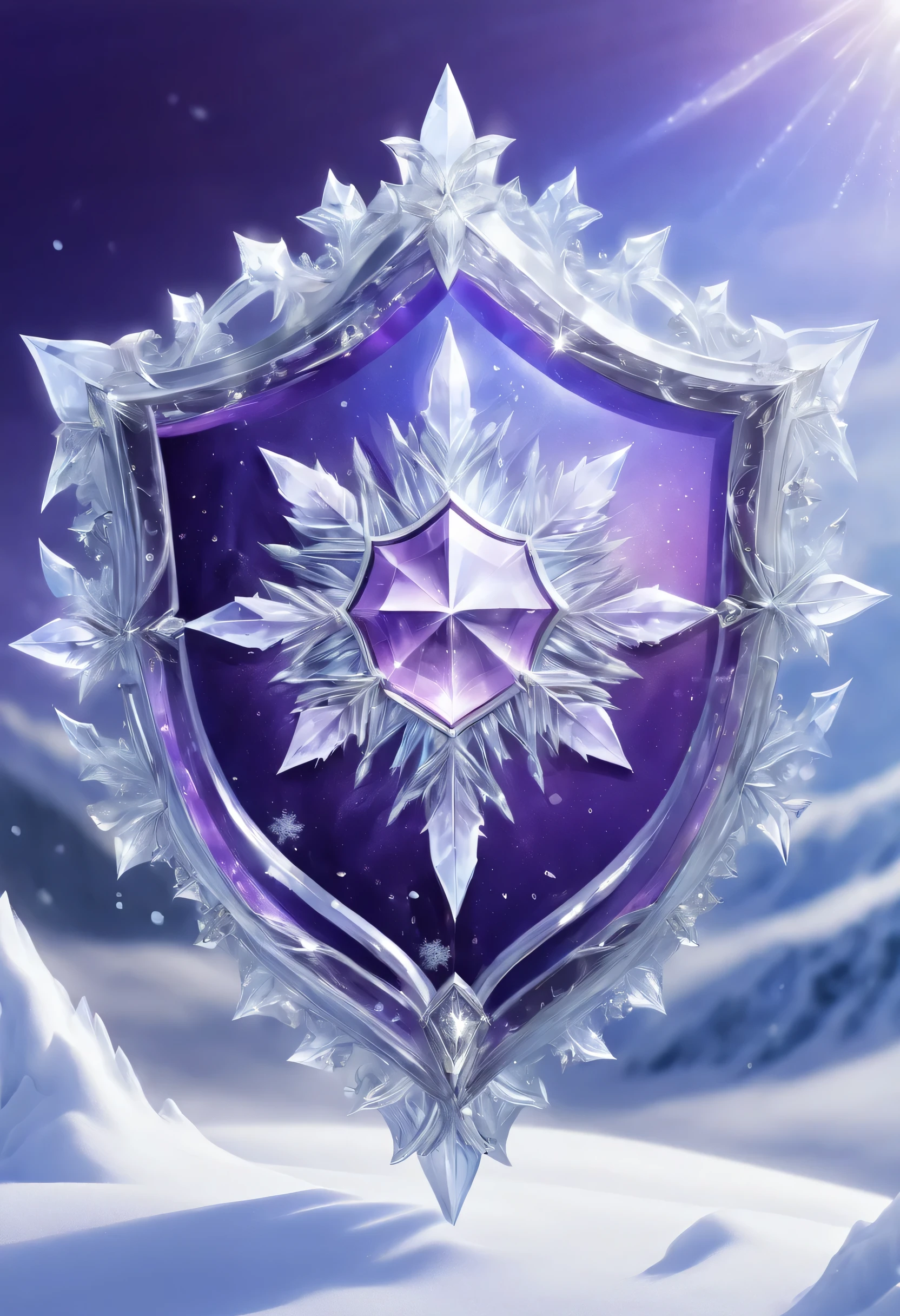 purple fantasy art,White frozen dream world,Crystal shield suspended in the air,beautiful crystal shield,sparkling,snow