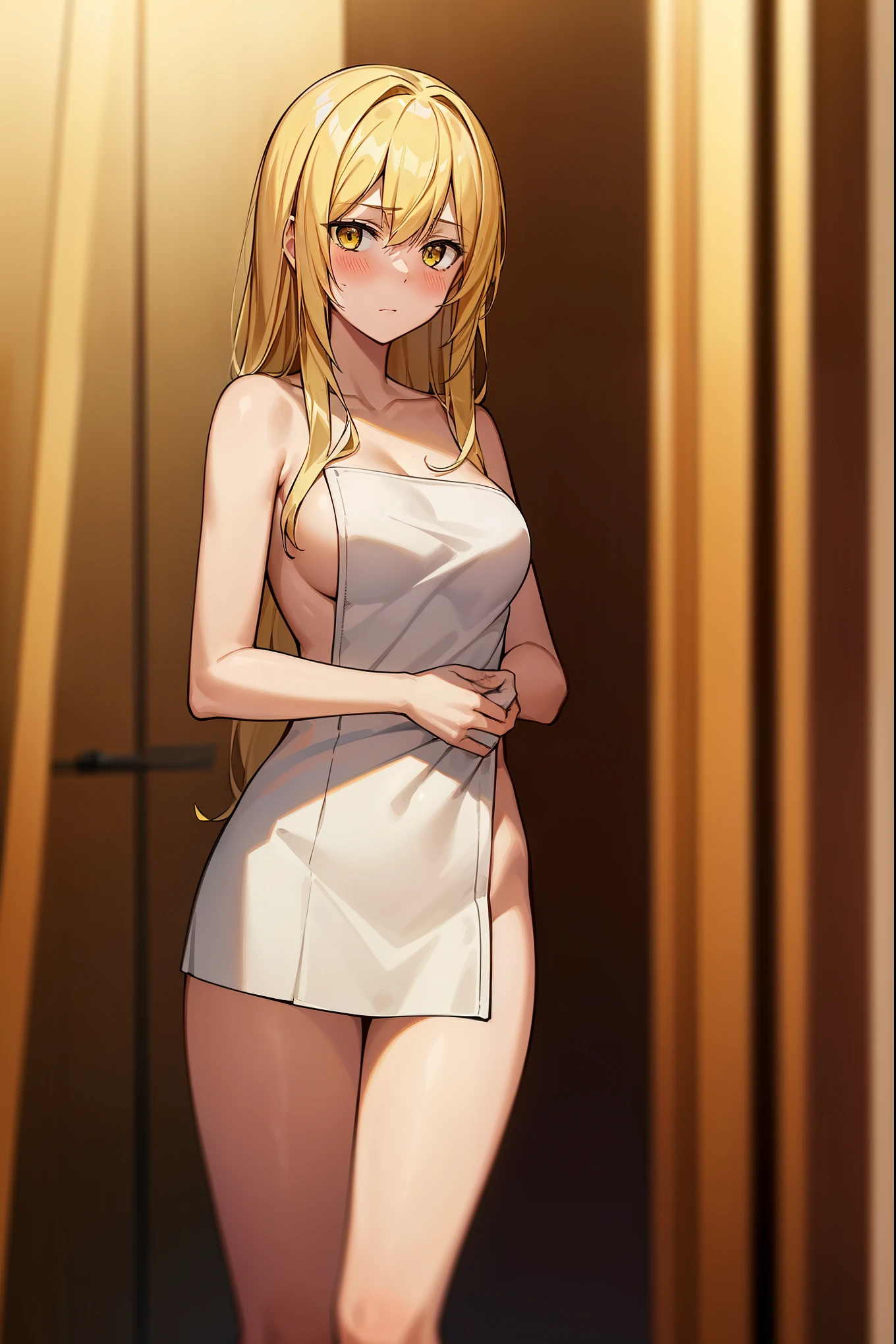 1girl, blonde hair, yellow eyes, long hair, nude, towel nude, nude towel, bathroom, blush, shy, breasts, medium breasts, apart legs, looking at viewer, cowboy shot,