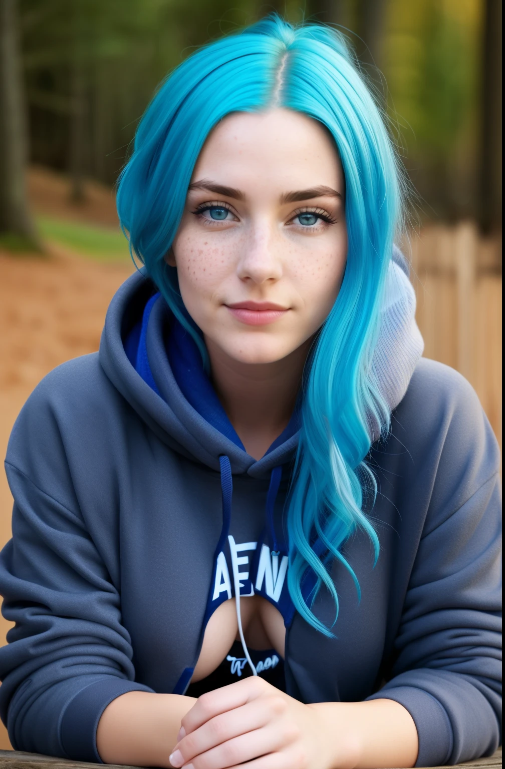 A woman in her 20s, looking at the camera, she has freckles, blue eyes, she has Lush blue hair, tattoos on neck, wearing a black hoodie, hyperdetailed, hyperrealism, ((best quality)), ((masterpiece)), (detailed), 8k uhd, Nikon 70d, ISO200, F/2.8, 1/25sec, 70mm, nude, nipple