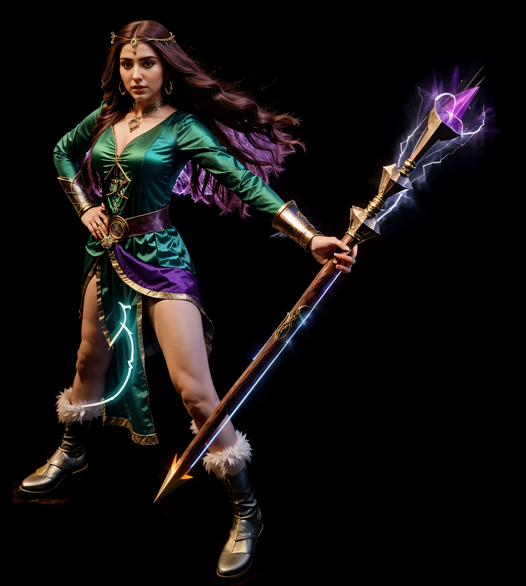 a woman in a green outfit holding a wand and a purple light, head circlet, wizard head circlet, (holding wizard staff, wooden staff, first plane), maya ali as a lightning mage, epic mage girl character, mighty plump female sorceress, holding a magic staff, female earth mage, maya ali sorceress, female mage, supervillain sorceress witch, necromancer sorceress, maya ali as a wind mage