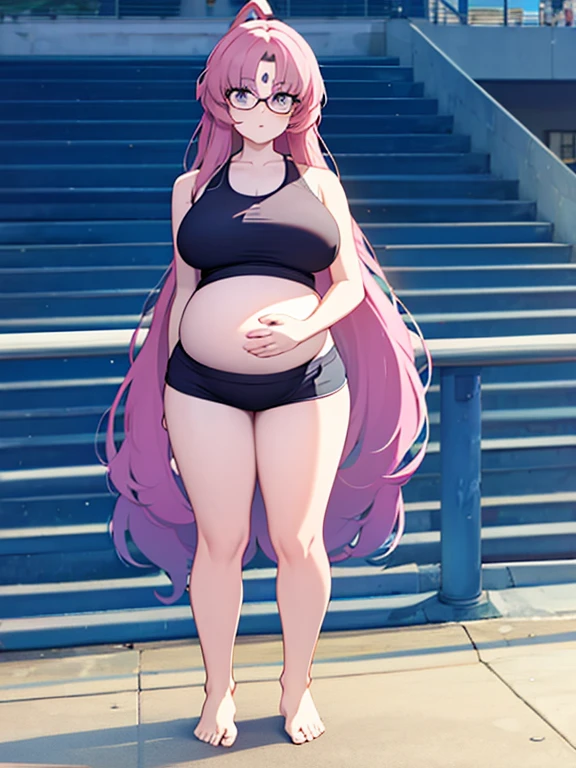 full body, standing, barefoot, thicc, uncovered belly belly, very big breasts, pregnant, long hair, sports bra, very thight shorts, glasses