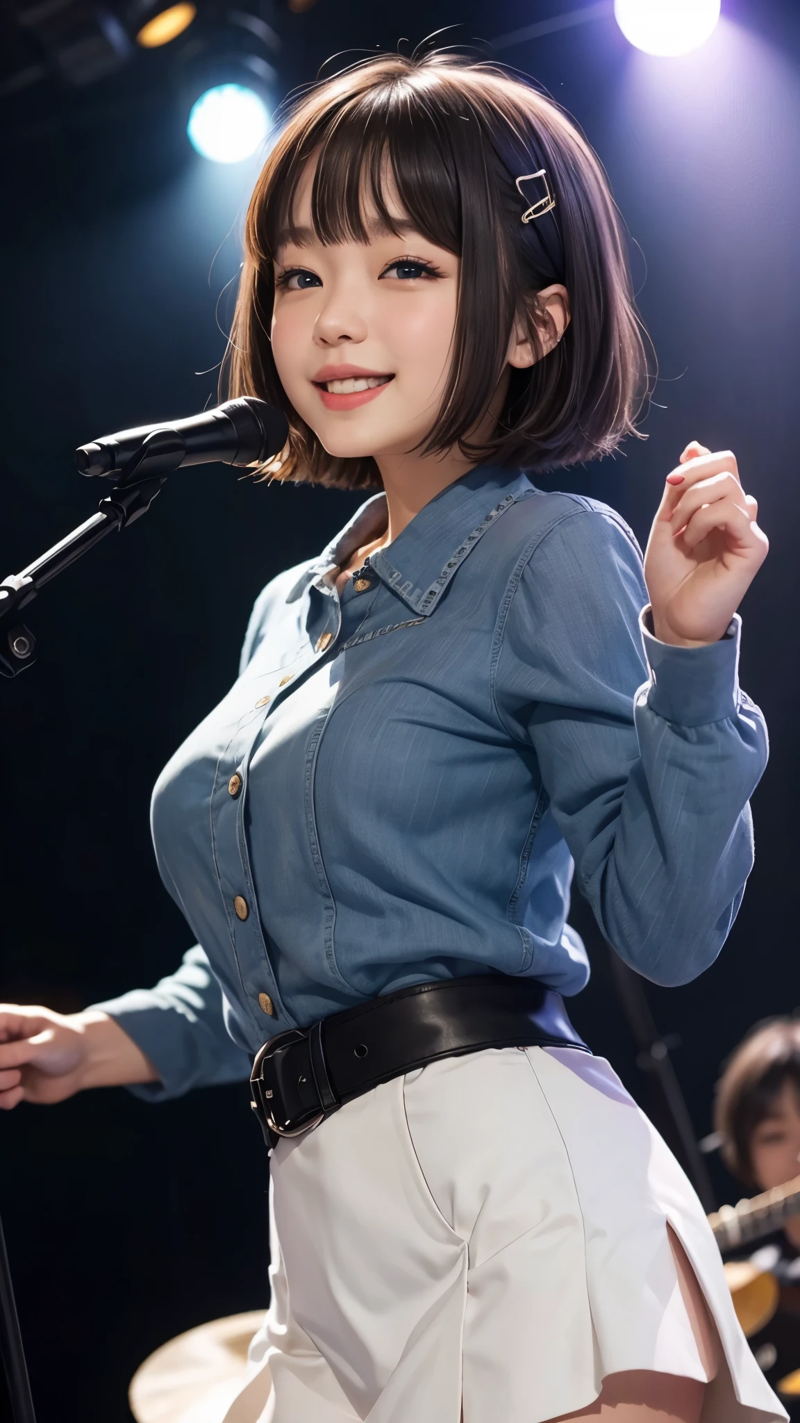 Diva in Japanese clothes、cute singer、Brown hair bob cut、blue eyes、smile、girl singing happily、Live venue background、Enka singer、