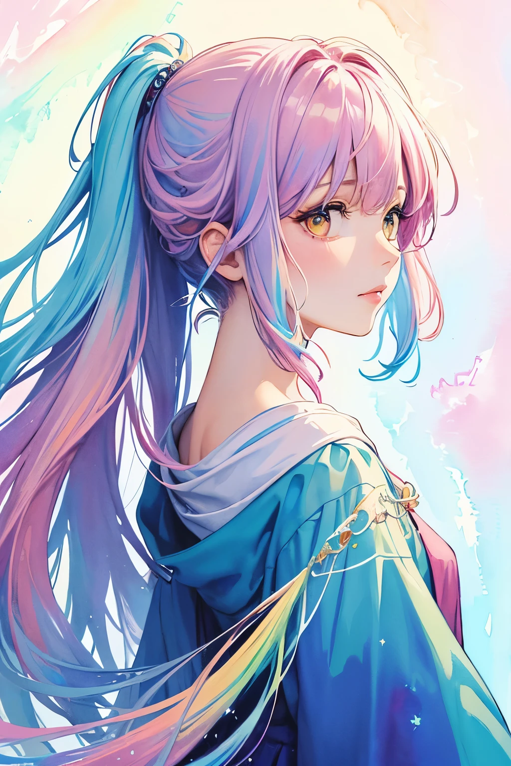 (masterpiece, top quality, best quality,watercolor (medium),official art, beautiful and aesthetic:1.2),(1girl:1.3), (fractal art:1.3),upper body, from side, looking at viewer,patterns,(rainbow color Hair,colorful hair,half blue and half pink hair:1.2),water,liquid, cloud,colorful, starry,stars,