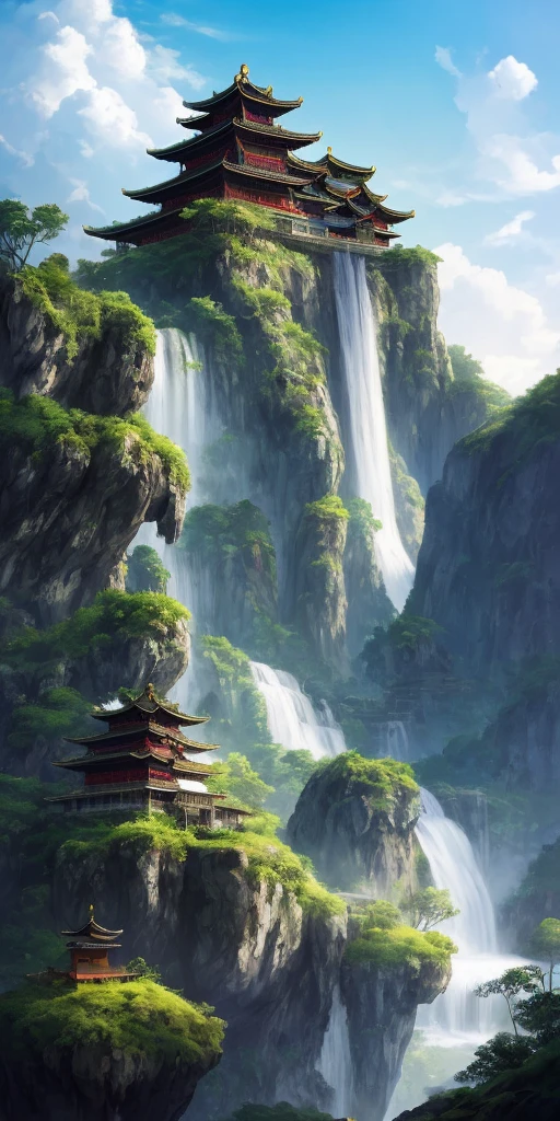 Waterfall painting,In the background is a pagoda, There is a big Buddha in front,The Buddha statue is very solemn,英雄联盟concept art, Onmyoji Detailed Art, 防暴游戏concept art, 美丽的concept art, feng zhu concept art, 屡获殊荣的concept art, 2. 5d cgi anime fantasy artwork, Ross Tran. landscape background, fantasy matte, concept art | feng zhu, concept art插图,Between valleys,quiet,there were clouds