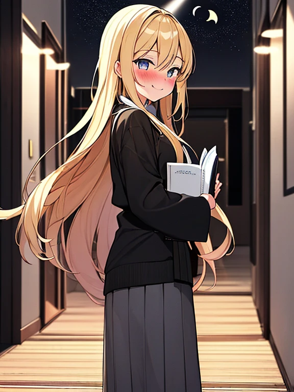 ((8k sharp, looking at viewer, Smiles blushing,)) A girl, Long Blonde Haired, Wearing black sleeve, Gray skirt, Black sock, holding a book, left hand, Background,(hallway m:1.5), Night, Moon ray,backlighting,masterpiece,best quality,exquisite,8k,absorbers,super fine illustration,(looking at viewer)