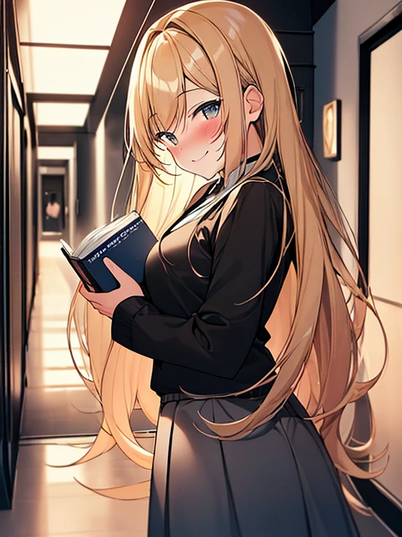 ((8k sharp, looking at viewer, Smiles blushing,)) A girl, Long Blonde Haired, Wearing black sleeve, Gray skirt, Black sock, holding a book, left hand, Background,(hallway m:1.5), Night, Moon ray,backlighting,masterpiece,best quality,exquisite,8k,absorbers,super fine illustration,(looking at viewer)