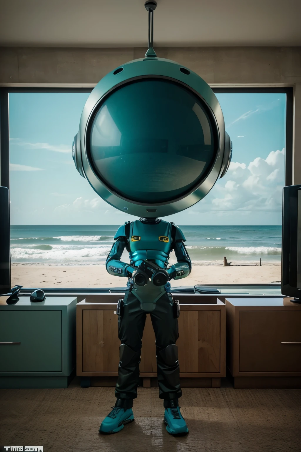 A Modern flat toon Crazy whit a Big ONE a Only Eye Robot and helmet Style, tongs in hands, Tv head, pinhead, camouflage Yellow cyan Rusty, Ambient in a BEACH super detailed, center, beautiful, soft lighting, focused on the character, 4K resolution, photorealistic rendering.