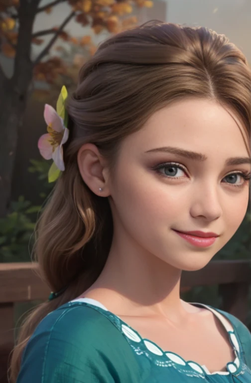 (realista: 1.4), mejor calidad, ultra-high-resolution, 4k , Detalles intrincados , Altamente detallado, A 14 year-old girl , very light brown hair with braid , Cabello largo , todo muy detallado , Sonriente , alto contraste , Background flowers falling behind her , HDR , cinematographic image , senos medianos , linda sonrisa , maquillaje ,ojos verdes , fondo escuela , posando para foto , trenza grande , foto de cuerpo completo , viste camiseta amarilla , falda azul , escolar , alegre , modelo adolesente , mirando al espectador