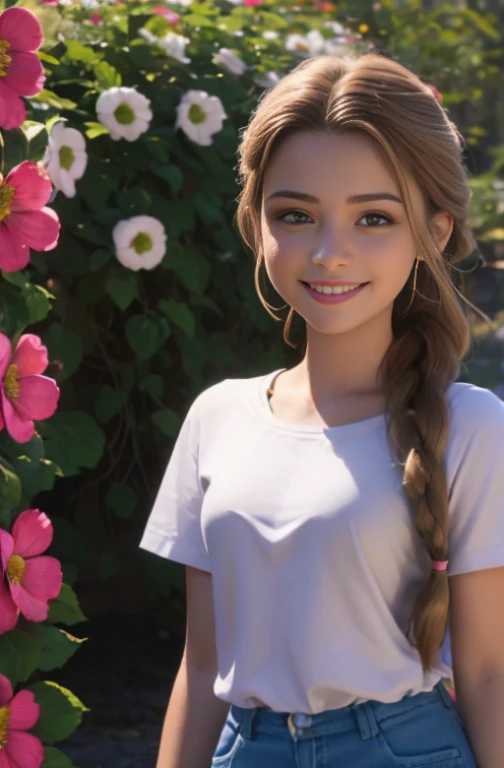 (realista: 1.4), mejor calidad, ultra-high-resolution, 4k , Detalles intrincados , Altamente detallado, A 14 year-old girl , very light brown hair with braid , Cabello largo , todo muy detallado , Sonriente , alto contraste , Background flowers falling behind her , HDR , cinematographic image , senos medianos , linda sonrisa , maquillaje ,ojos verdes , fondo escuela , posando para foto , trenza grande , foto de cuerpo completo , viste camiseta amarilla , falda azul , escolar , alegre , modelo adolesente , mirando al espectador