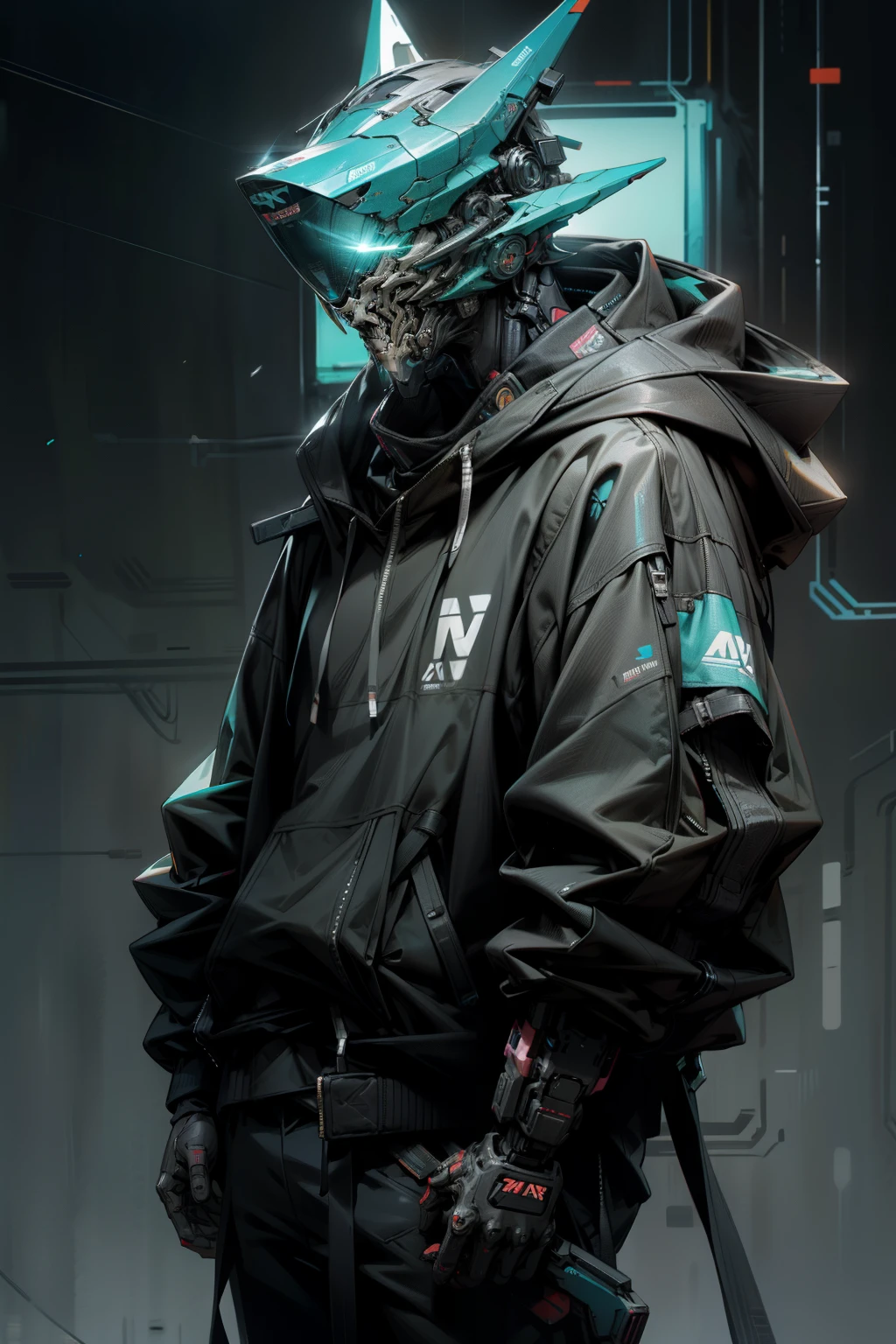 There was a boy wearing a mask and a black hoodie,With a knife in his hand, Hyper-realistic cyberpunk style,Digital cyberpunk anime style,cyan colors