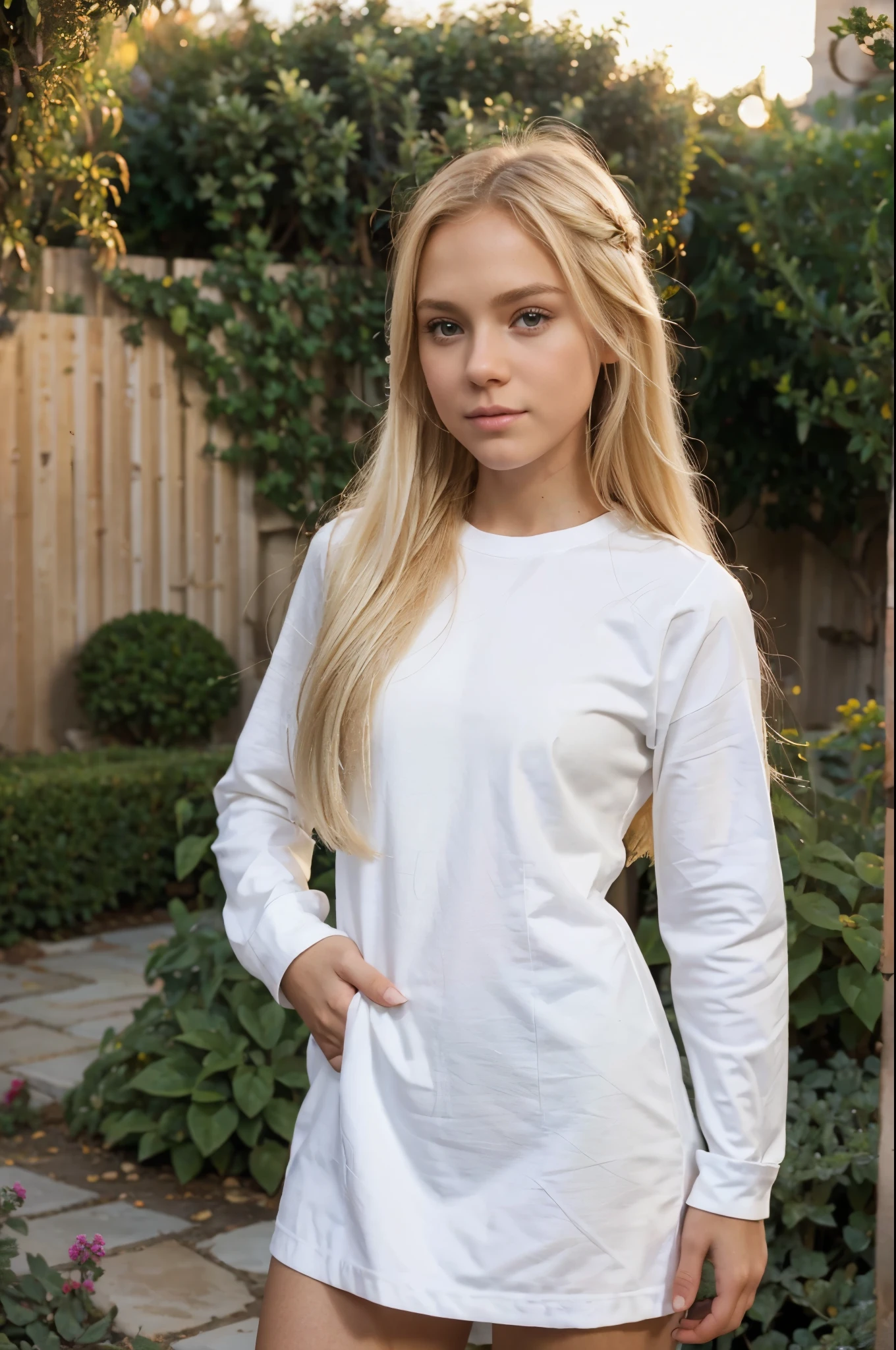 (american girl) (skinny) (realistic) (pure blonde hair) (photo realism) (beautiful) (instagram picture) (sunrise) (san diego) (80 mm) (white long sleeve) (in a garden)