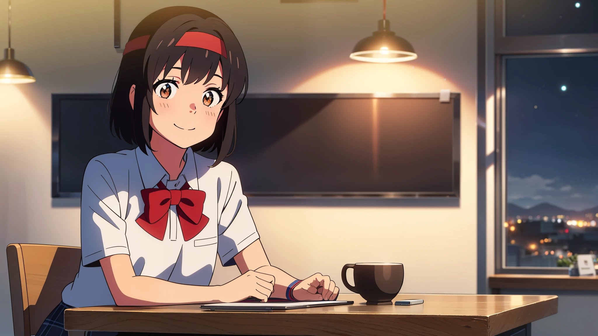 shinkai makoto, kimi no na wa., 1girl, bangs, black hair, blush, bright eyes, brown eyes, red headband, red bow, red ribbon, short hair, smile, cute, beautiful, shiny skin, looking at viewer, solo, t-shirt, skirt, plaid skirt, indoors, room, whiteboard, vase, dynamic lights, coffee, table, chair, sitting, night, night sky, cloudy