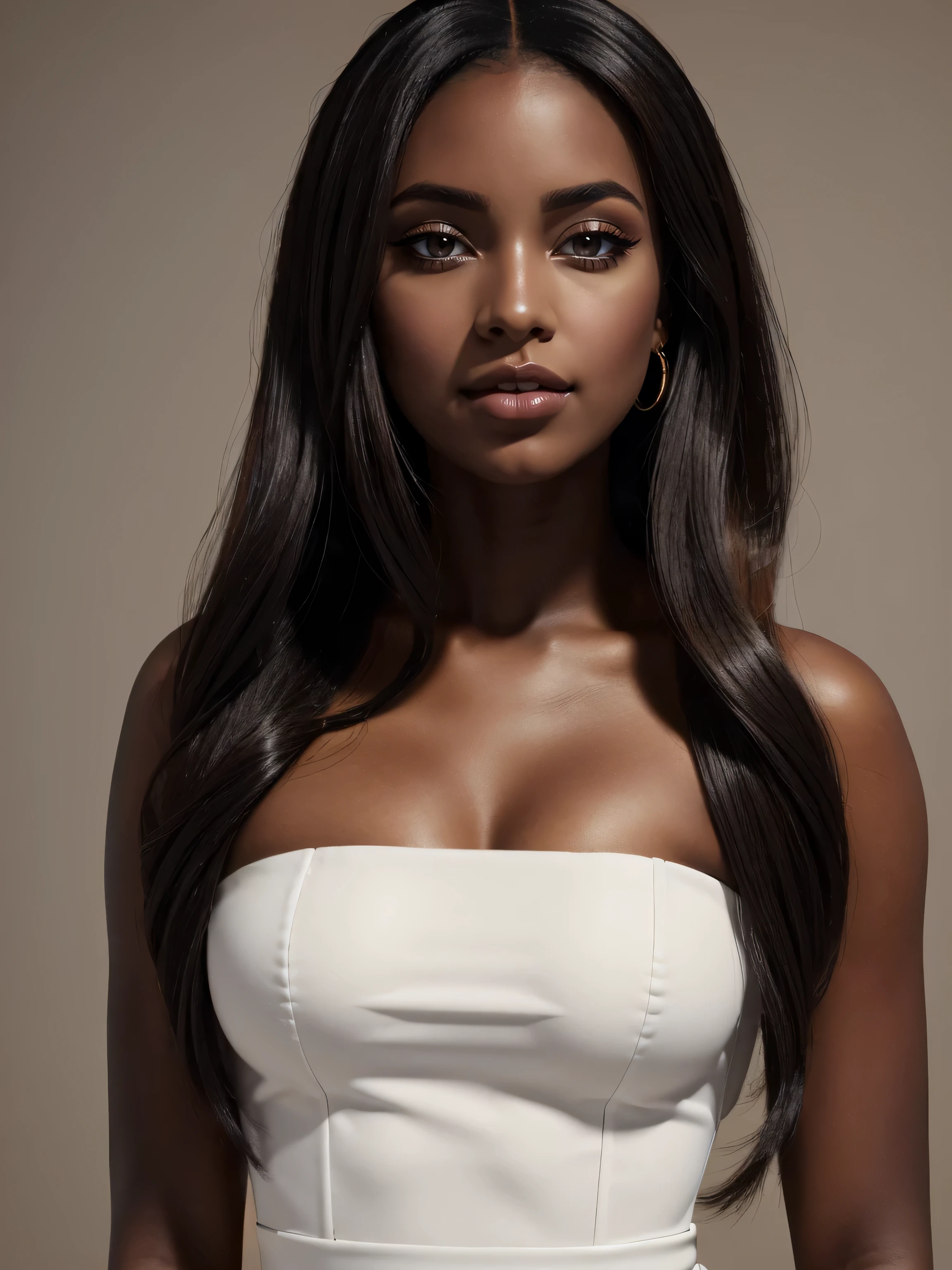 (Beautiful+attractive+cute) Somali_woman, black_woman, 20_years_woman, nerd:0.8, young_facial_feautures, long_hair straight_hair black_hair:1.5, almond_eyes:1 large_eyes:0.5 brown_eyes:1.5, (brown_skin:1.8 black_skin:1.8 dark_skin:1.8), straight_nose delicate_nose, _gorgeous_woman, feminine_cheeks big_cheeks:0.7, attractive_red_lips:0.9, pink_lipstick:1, _woman (1Woman:1.5, (Masterpiece, 8K, best quality, highres:1.5), upper_body:1.5, looking_at_viewer:1.5, body_looking_at_viewer:1.5, white_photoshoot:1, white_room:1, white_backdrop:1.5, standing, neutral_body_posture:1.5, neutral_facial_expression:1.5, wearing white_strapless_mini_dress)