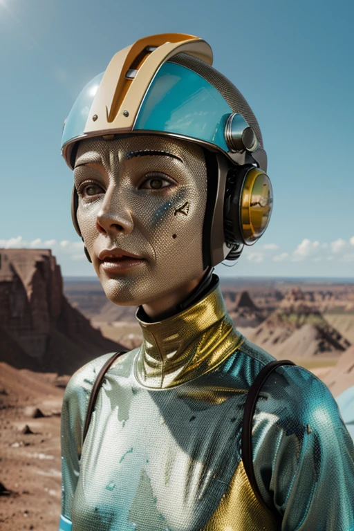 Un dibujo animado plano moderno Loco con un robot Only Eye y un estilo de casco, Pinzas en las manos, Cabeza de TV, cabeza de alfiler, camuflaje cian amarillo oxidado, Atmosphere in the crater of a super-detailed meteorite, centro, hermoso, Soft lighting, Centrado en el personaje, 4k resolution, photorealistic representation.