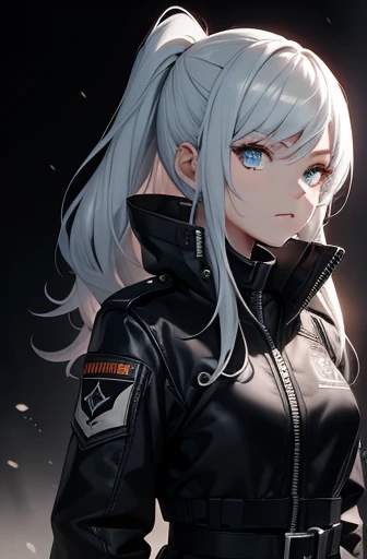 masterpiece,best quality,ultra-detailed,1girl,20years old, black_background,white shilver hair,bluegray eye,reather jacket,military pants,adventurer