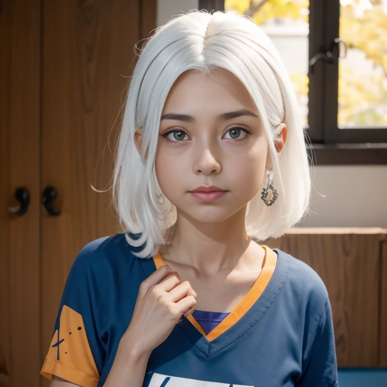 hemosa chica adolesente , hermosa chica americana , caucasica  , 15 years ,una mujer joven con cabello blanco , largo pelo blanco , chica albina , ojos azules , ella esta sola , Es de noche, pecas en mejillas , obra maestra, luz cinematografica, alegre , cuerpo completo , interior de la casa  , chica alvina , largo cabello blanco , chica coqueta , con rasgos finos , sexy , cuerpo completo , viste camiseta naranja , falda azul