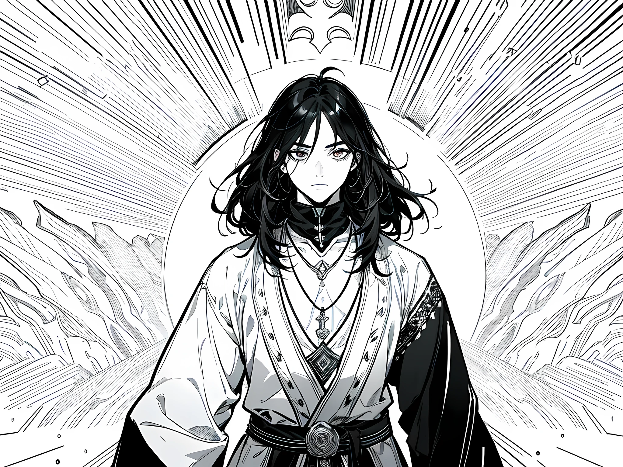 1 man, black clothes with shaman necklace, long black hair, puffy eyes, face to detail, detailed eyes, the background is just white, standing, monochrome (clear line, lineart), half body illustration