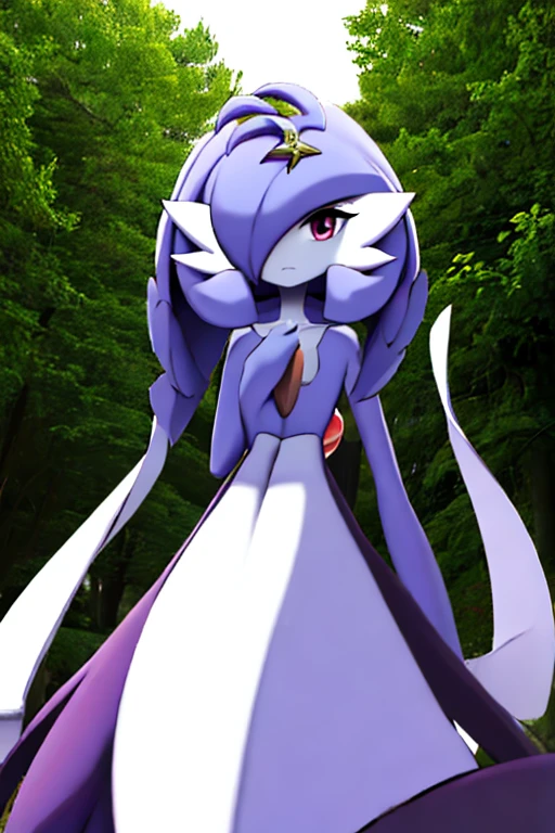 Acerola, gardevoir, masterpiece, perfection, purple dress, creatures \(company\), game freak, nintendo, pokemon, pokemon \(game\), bangs, colored skin, female focus, gen 3 pokemon, green hair, green skin, multicolored skin, pokemon \(creature\), red eyes, two-tone skin, white skin, lusamine, white dress, chest Crystal