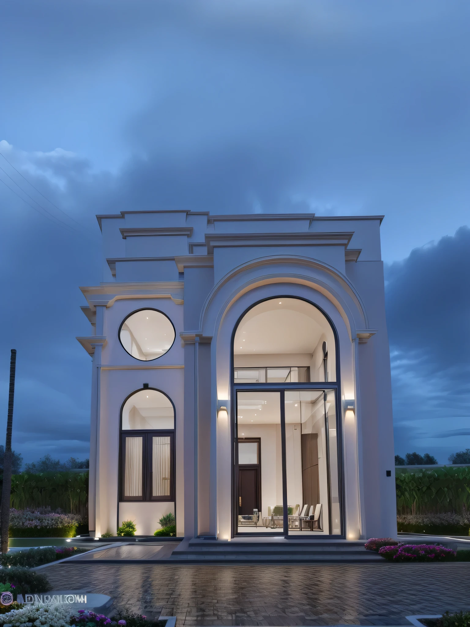 super realistic, best quality, ultra high resolution, modern exterior, modern villa, roads, cars available, cloudy sky, dimensional lighting, with garden lights, with flowers