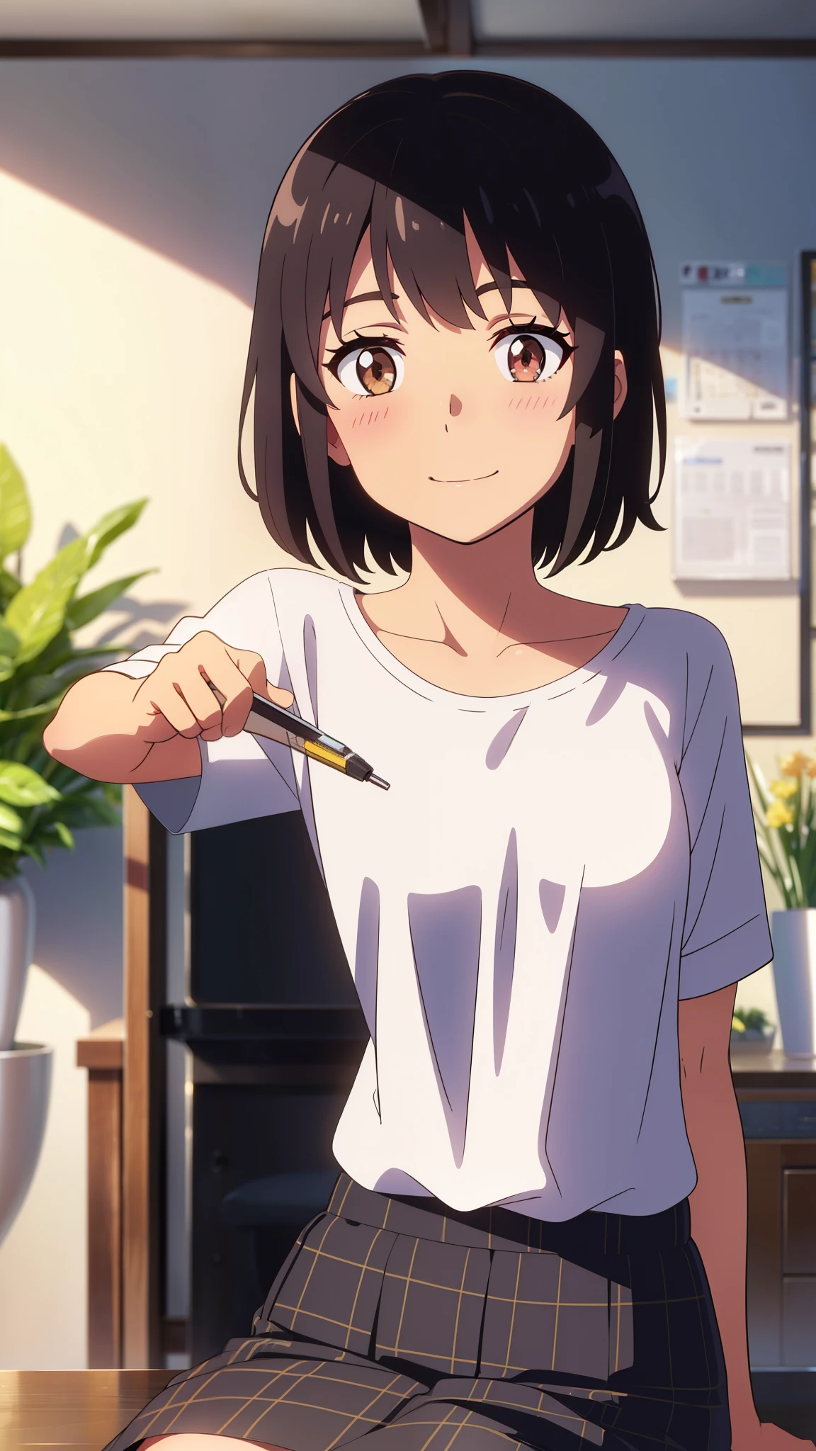 shinkai makoto, kimi no na wa., 1girl, bangs, black hair, blush, bright eyes, brown eyes, red headband, short hair, smile, cute, beautiful, shiny skin, looking at viewer, solo, casual shirt, t-shirt, skirt, plaid skirt, indoors, room, living room, whiteboard, vase, dynamic lights, coffee, table, chair, sitting