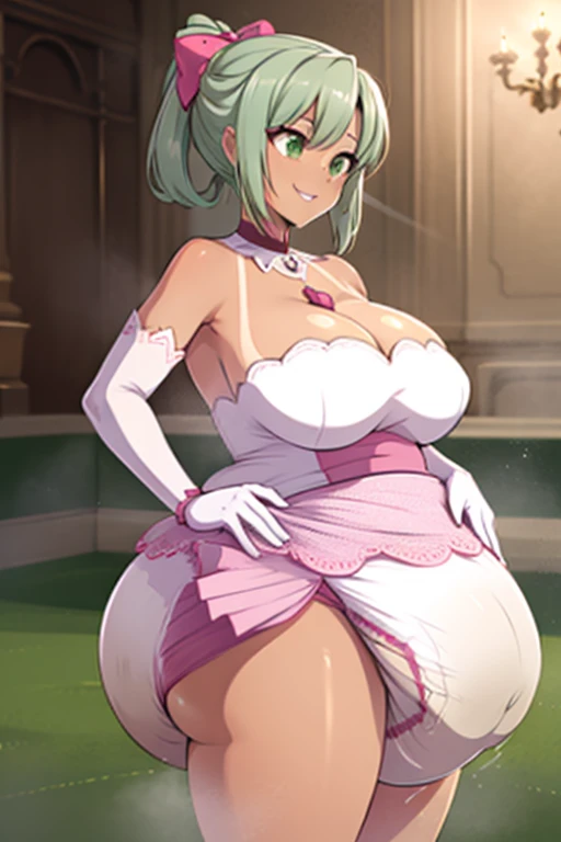 Best quality, solo mature woman, enormous breasts, giant ass, very curvy, tanned skin, ballroom hairstyle, pastel green eyes, full lips, seductive, smiling, ballroom dress, long gloves, silver jewellery, beads in hair, rose on dress, curvy physique, thick thighs, huge bloated diaper