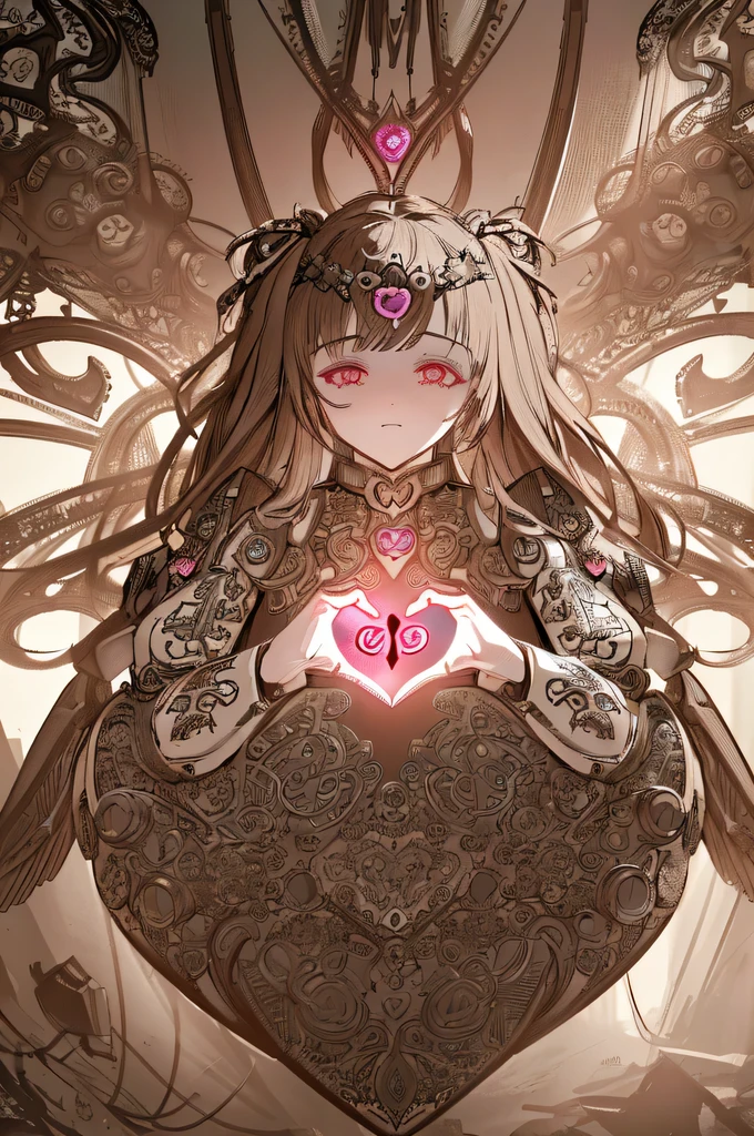 no heart of mechanic girl, heart falling from the sky, her of mechanical heart, at the end of both hands, cry without expression, stunning detail render, intricate detail, insane composition, highly detail quality, tonal contrast, beautiful detail glow, (elaborate brush strokes:1.1), best detail quality, (((intricate and insane detail heart:1.3))),