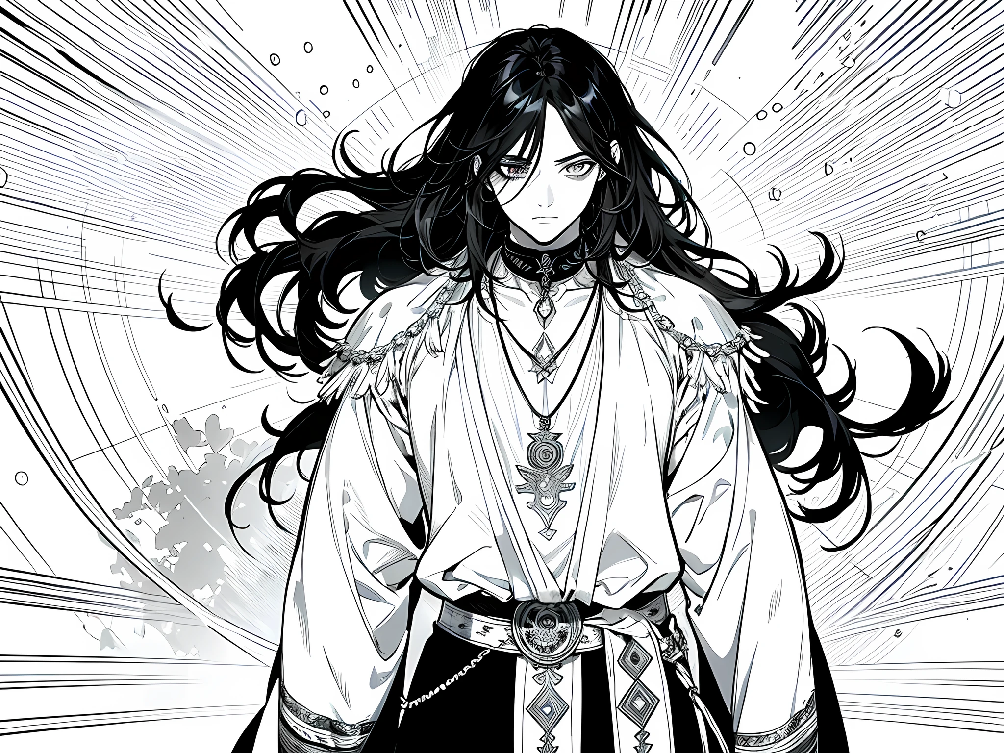 1 man, black clothes with shaman necklace, long black hair, puffy eyes, face to detail, detailed eyes, the background is just white, standing, monochrome (clear line, lineart), half body illustration