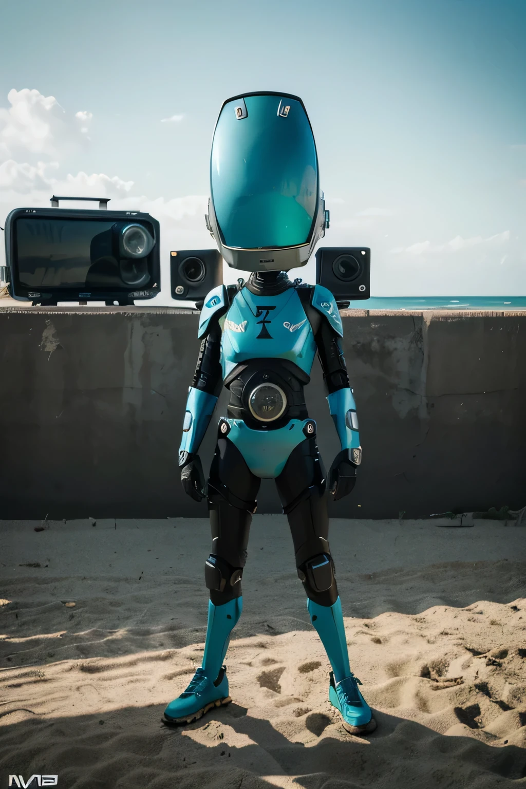 Un dibujo animado plano moderno Loco con un Big ONE, un robot con un solo ojo y un estilo de casco., Pinzas en las manos, Cabeza de TV, cabeza de alfiler, camuflaje Amarillo cian Oxidado, Ambiente en una PLAYA super detallado, centro, hermoso, Soft lighting, Centrado en el personaje, 4k resolution, photorealistic representation.