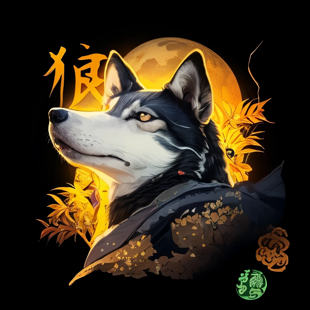 Realistic, 8k, there is a sticker with a wolf and a japanese writing, inspired by Shiba Kōkan, japanese dog,
