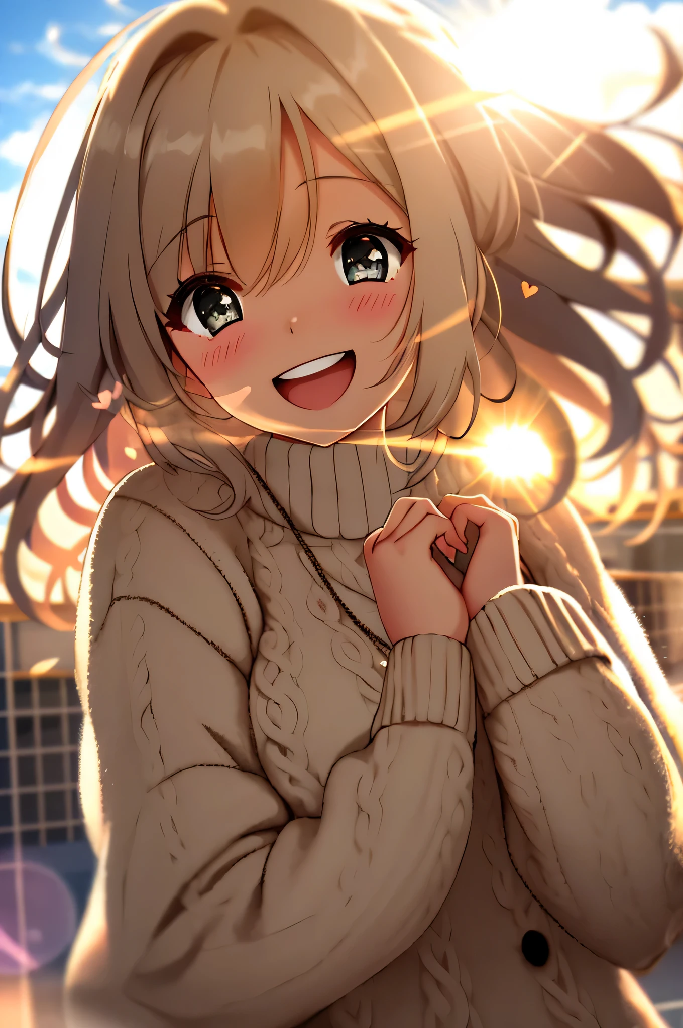 a girl, cosy sweater on, upper body, (huge Laughing:1.1), (open mouth:1.1), (wide open eyes:1.2), sun glare, bokeh, depth of field, blurry background, light particles, strong wind, (heart particles:1.1)
