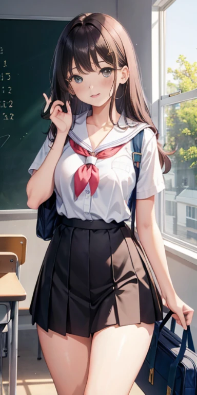 1 girl, parted lips, blush, compensate, light smile, , classroom, school bag, light, shine, thighs, clavicle, tight waist, (masterpiece), wallpaper,