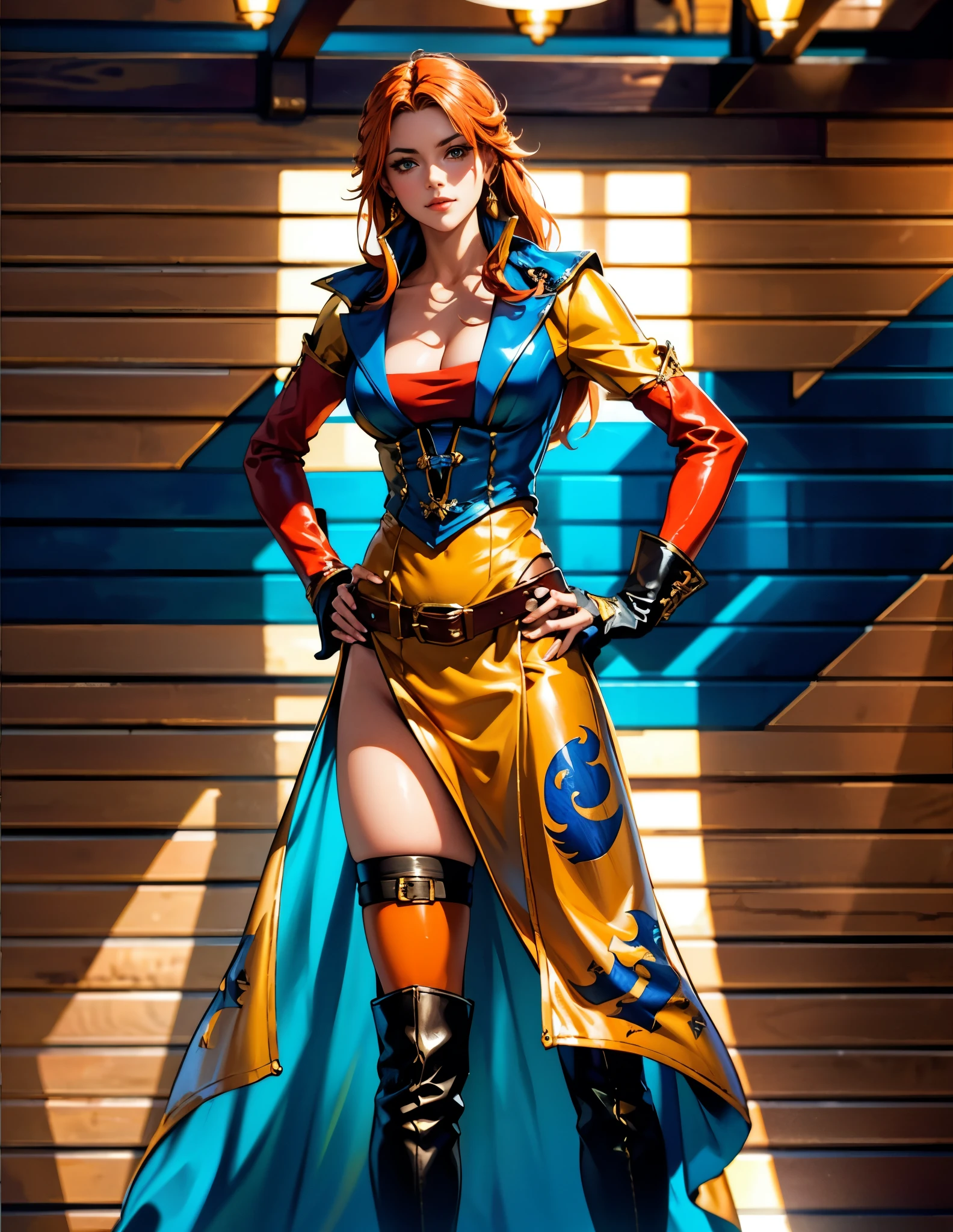 A beautiful woman with flowing orange long hair, exquisite facial features, a playful smile, confident eyes, a tall figure, a two-piece fantasy-style pirate robe coat, yellow as the main color, complemented by red accents, long wrist guard gloves on her hands, a gold belt around her waist with a short hem, leather pants, knee-high boots, standing with her hands on her hips in front of a fantasy medieval-style port tavern, this character embodies a finely crafted fantasy-style female pirate in anime style, exquisite and mature manga art style, high definition, best quality, highres, ultra-detailed, ultra-fine painting, extremely delicate, professional, anatomically correct, symmetrical face, extremely detailed eyes and face, high quality eyes, creativity, RAW photo, UHD, 8k, Natural light, cinematic lighting, masterpiece-anatomy-perfect, masterpiece:1.5