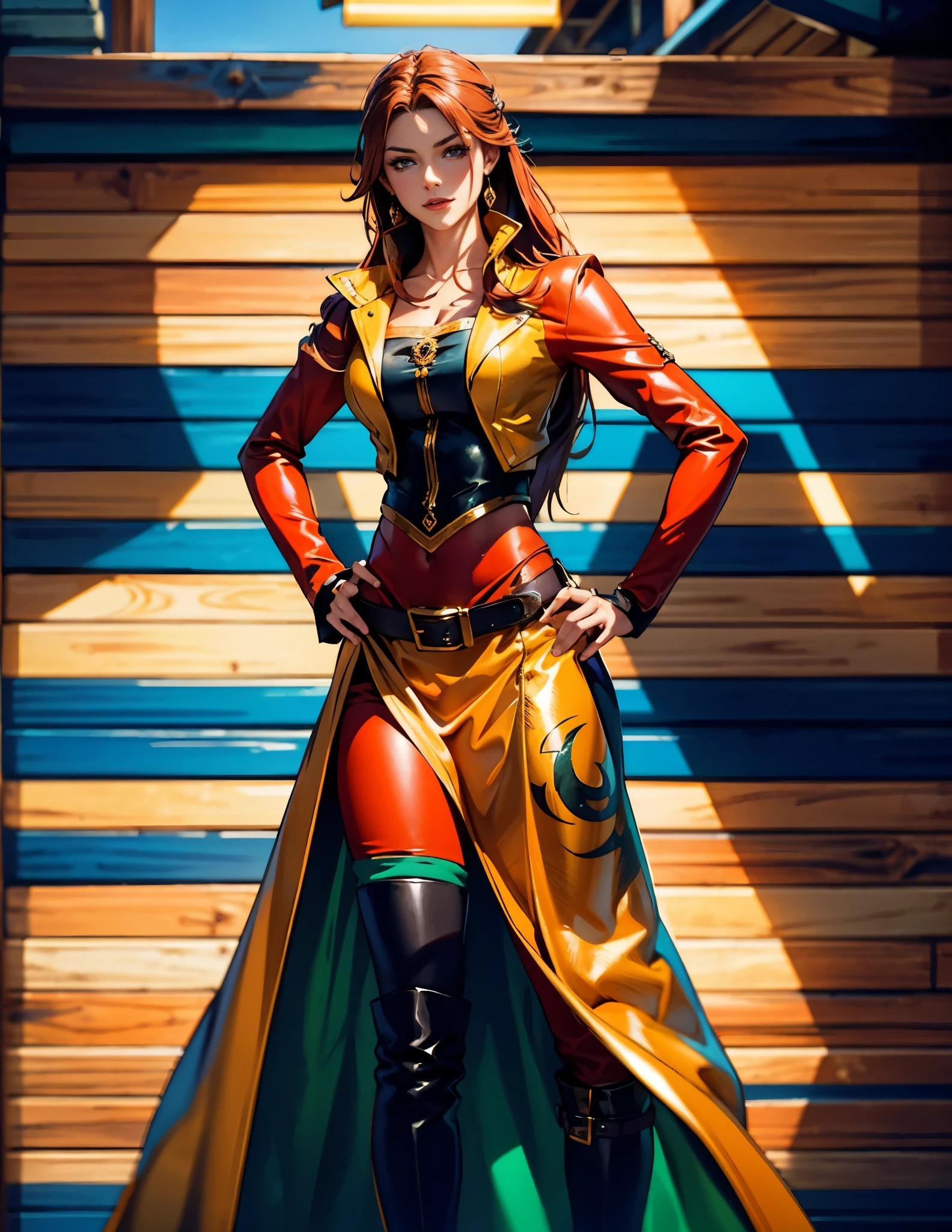 A beautiful woman with flowing orange long hair, exquisite facial features, a playful smile, confident eyes, a tall figure, a two-piece fantasy-style pirate robe coat, yellow as the main color, complemented by red accents, long wrist guard gloves on her hands, a gold belt around her waist with a short hem, leather pants, knee-high boots, standing with her hands on her hips in front of a fantasy medieval-style port tavern, this character embodies a finely crafted fantasy-style female pirate in anime style, exquisite and mature manga art style, high definition, best quality, highres, ultra-detailed, ultra-fine painting, extremely delicate, professional, anatomically correct, symmetrical face, extremely detailed eyes and face, high quality eyes, creativity, RAW photo, UHD, 8k, Natural light, cinematic lighting, masterpiece-anatomy-perfect, masterpiece:1.5