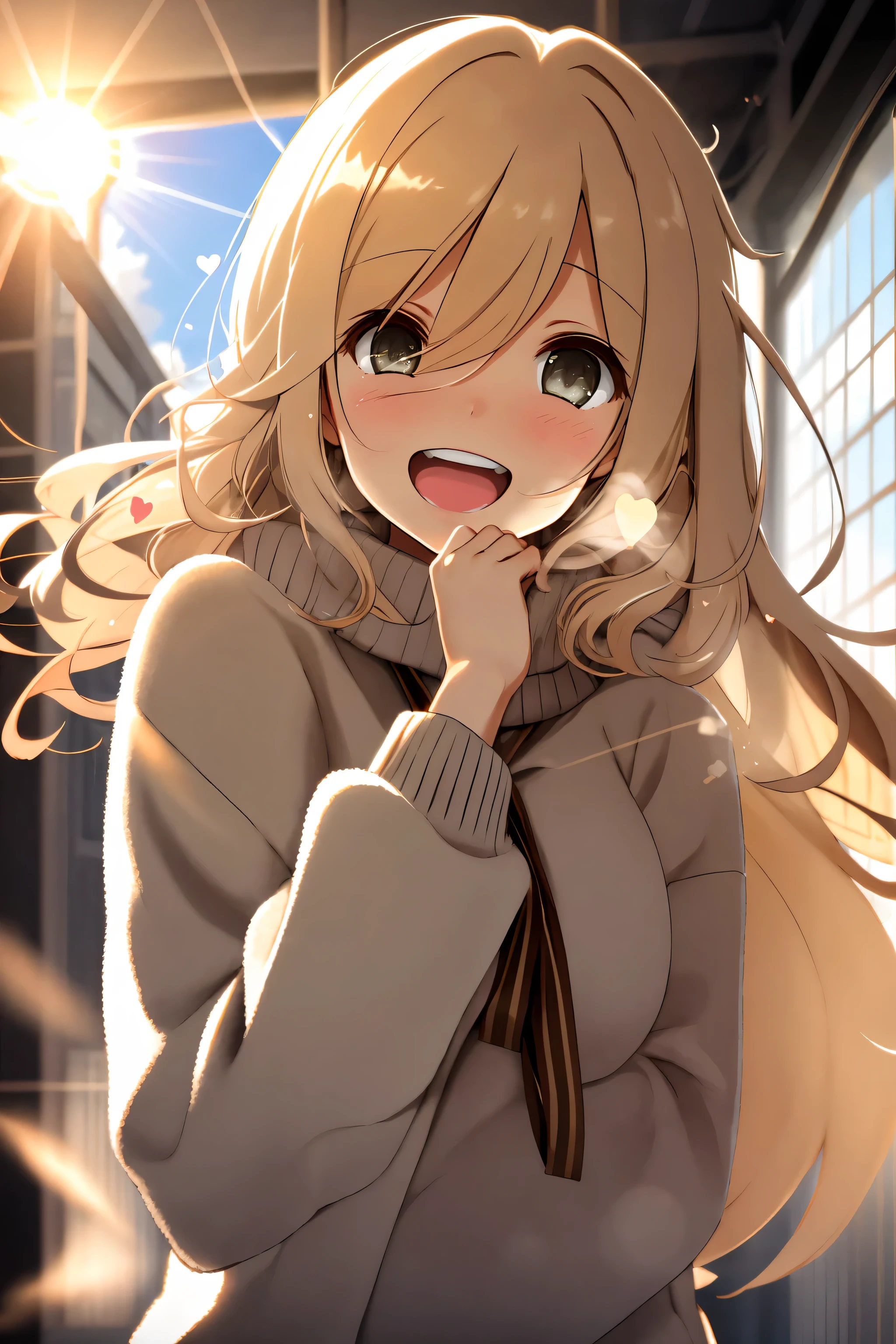 a girl, cosy sweater on, upper body, (huge Laughing:1.1), (open mouth:1.1), (wide open eyes:1.2), sun glare, bokeh, depth of field, blurry background, light particles, strong wind, (heart particles:1.1)