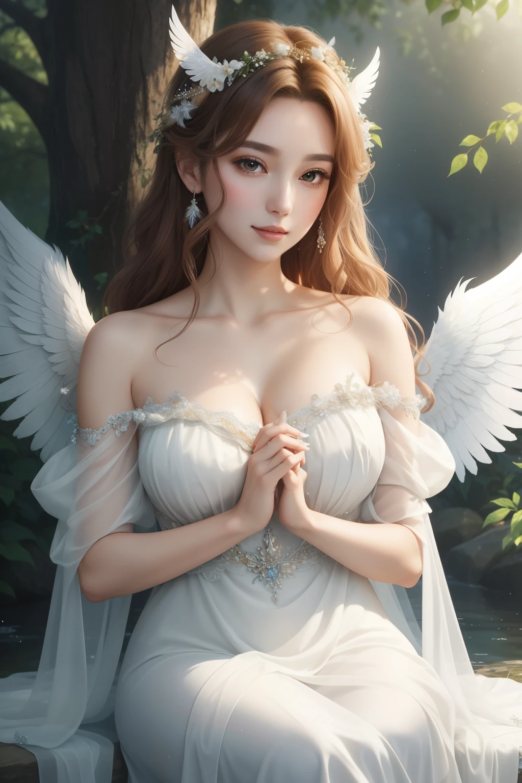 Top image quality、masterpiece、Light Lighting、Face to detail、The angel woman is too beautiful、one white winged、Odd-Eyed Eyes、Angel robes、huge-breasted、Fluttering petals、Full Moon Night