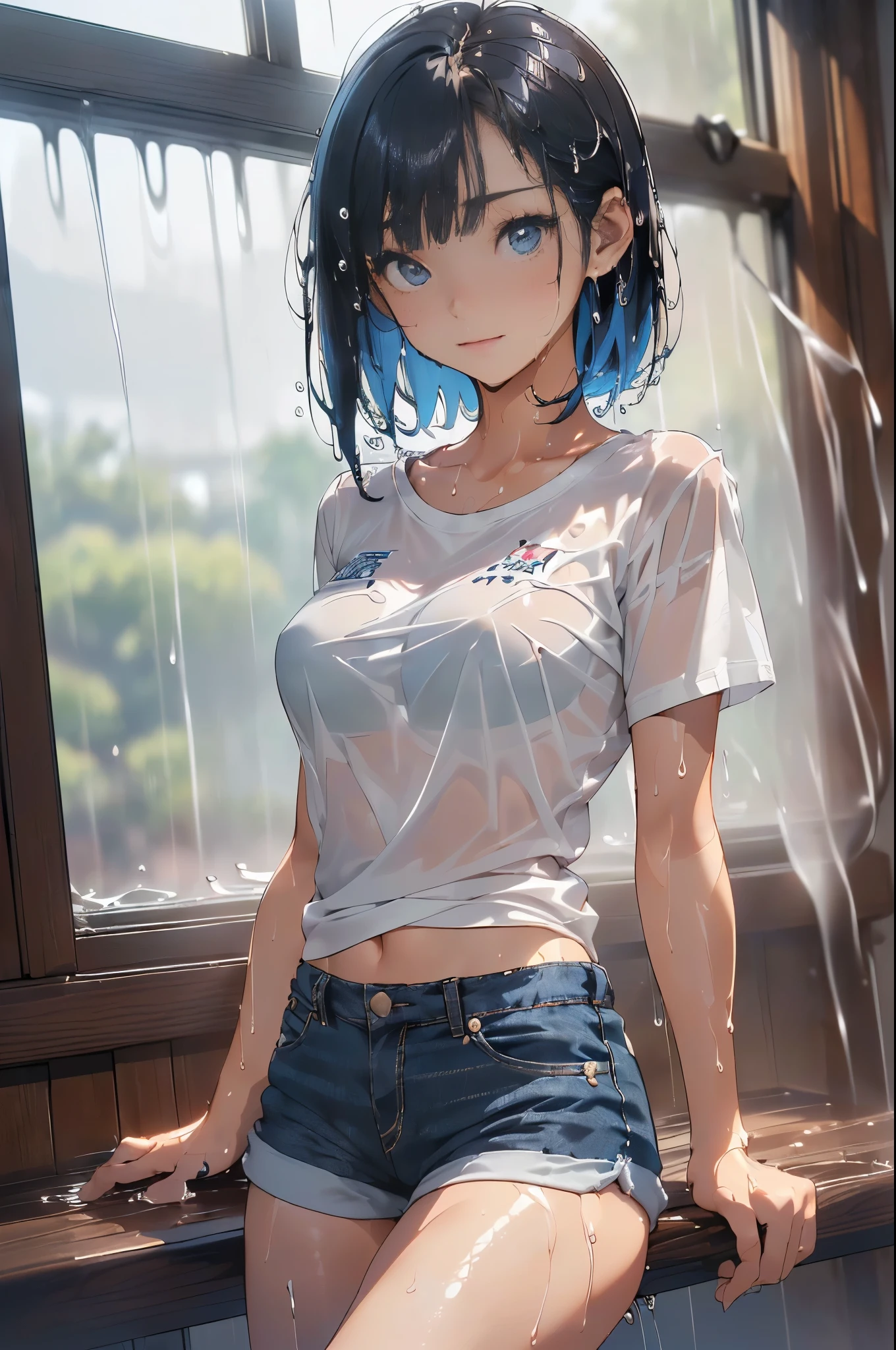 (masterpiece,best quality,ultra-detailed,intricate,detailed face,detailed eyes,beautiful eyes),(((rain:1.5,屋外:1.3、屋外:1.3,大都市の裏路地)))、(((1woman,wet:1.5,wet:1.5,wet:1.5,濡れた衣服:1.5))),(((傘は無い:1.5)))、cowboy shot,20歳の美女、dark blue hair,medium bob hair:1.3,tearful,sad,(micro shorts, 白色のTシャツ、濡れた衣服:1.5),(slender body,,gleaming skin),sitting,from front,(depth of field:1.2),,