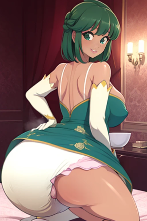 Best quality, solo mature woman, enormous breasts, giant ass, very curvy, tanned skin, ballroom hairstyle, pastel green eyes, full lips, seductive, smiling, ballroom dress, long gloves, silver jewellery, beads in hair, rose on dress, curvy physique, thick thighs, huge bloated diaper inflating bigger and bigger and bigger