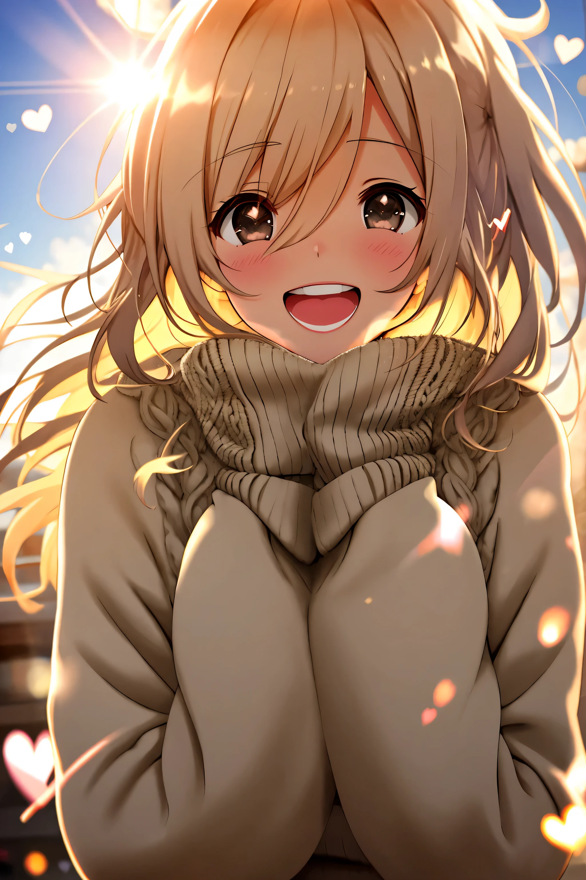 a girl, cosy sweater on, upper body, (huge Laughing:1.1), (open mouth:1.1), (wide open eyes:1.2), sun glare, bokeh, depth of field, blurry background, light particles, strong wind, (heart particles:1.1)