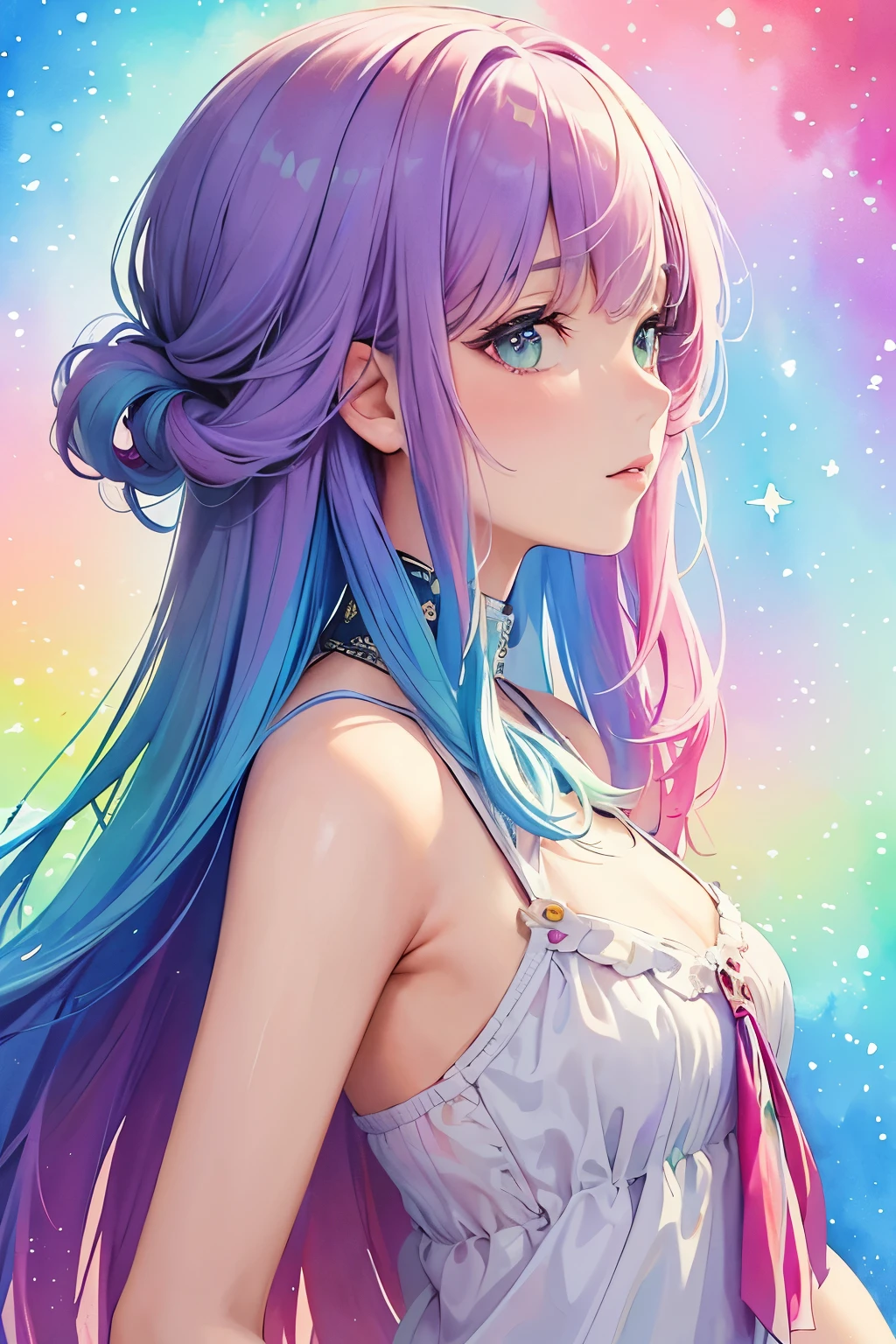 (masterpiece, top quality, best quality,watercolor (medium),official art, beautiful and aesthetic:1.2),(1girl:1.3), (fractal art:1.3),upper body, from side, looking at viewer,patterns,(rainbow color Hair,colorful hair,half blue and half pink hair:1.2),water,liquid, cloud,colorful, starry,stars,